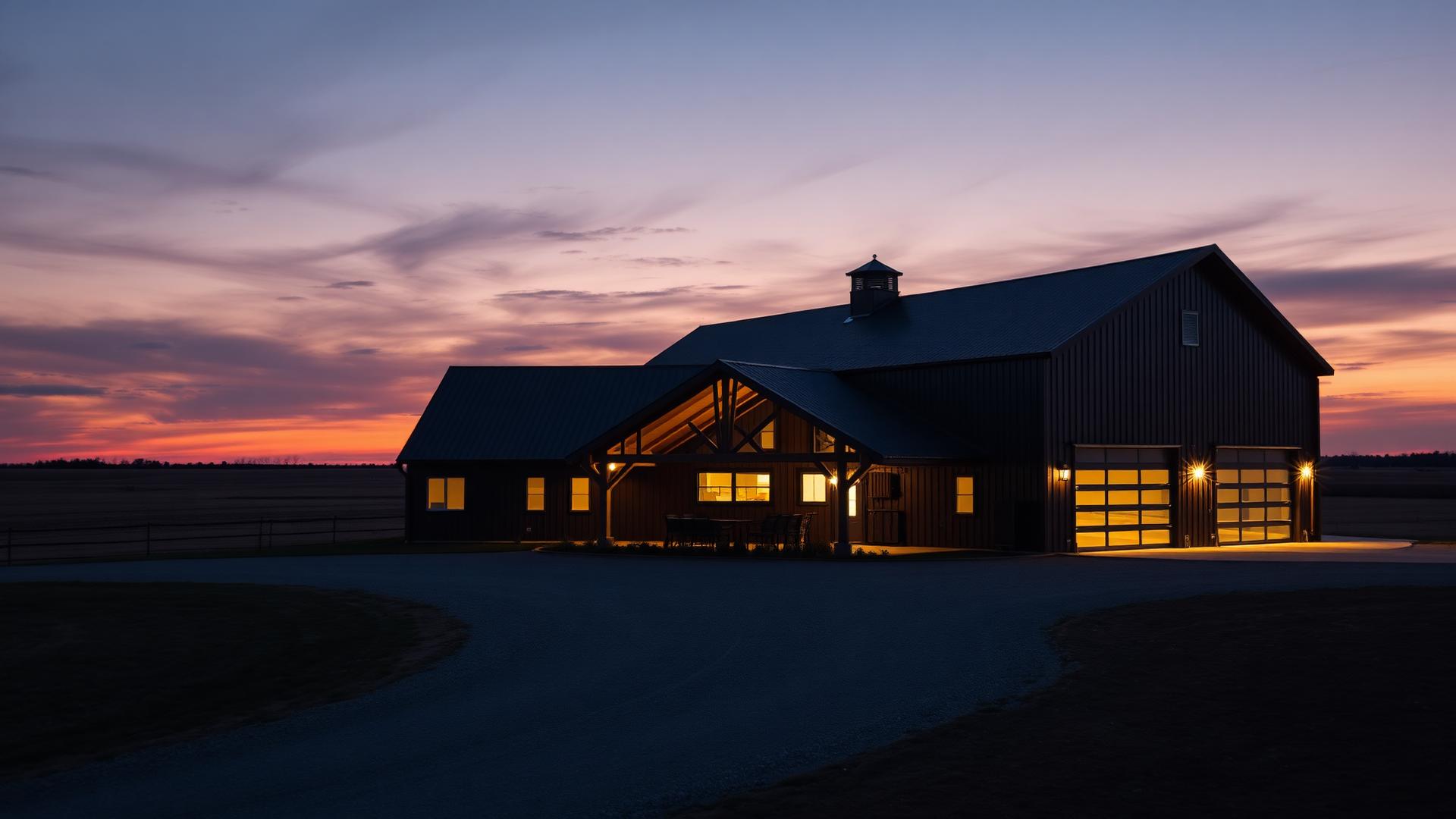 Completed Summit barndominium at dusk on Oklahoma land